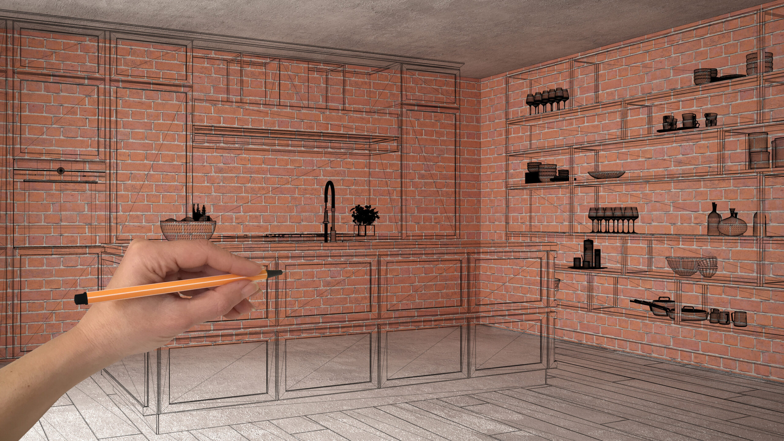 Home renovation, house development concept background, interior design under construction with hand drawing custom architecture, black sketch, blueprint showing modern kitchen